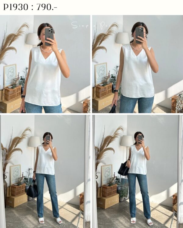 P1930 : เสื้อแขนกุดคอวีผ้าซาตินอัดยับ - Image 2