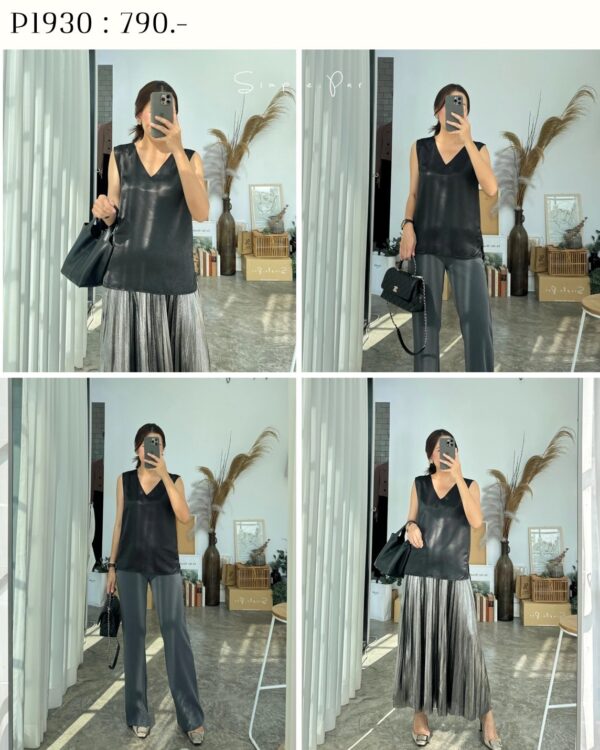 P1930 : เสื้อแขนกุดคอวีผ้าซาตินอัดยับ - Image 3